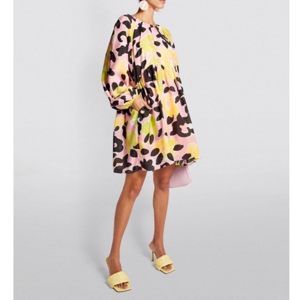 STINE GOYA Kelly Dress In Floral Textured Poly Pink Yellow Babydoll Sz XS